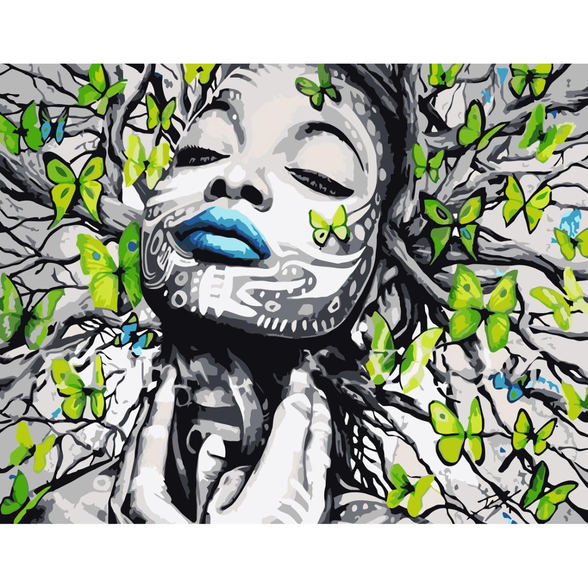 Картина за номерами Strateg Преміум Метелики біля обличчя з лаком 30х40 см (SS-6479)