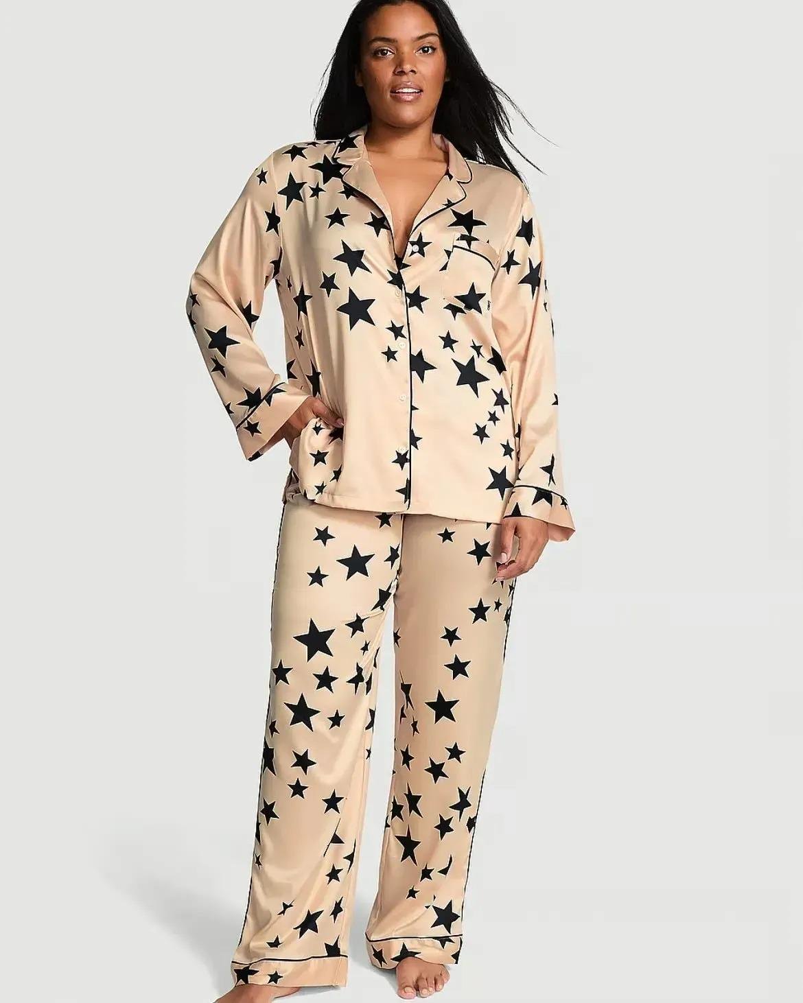 Піжама сатинова сорочка/штани Victoria's Secret Glazed Satin Long Pajama Set Regular L Бежевий (2681218D)