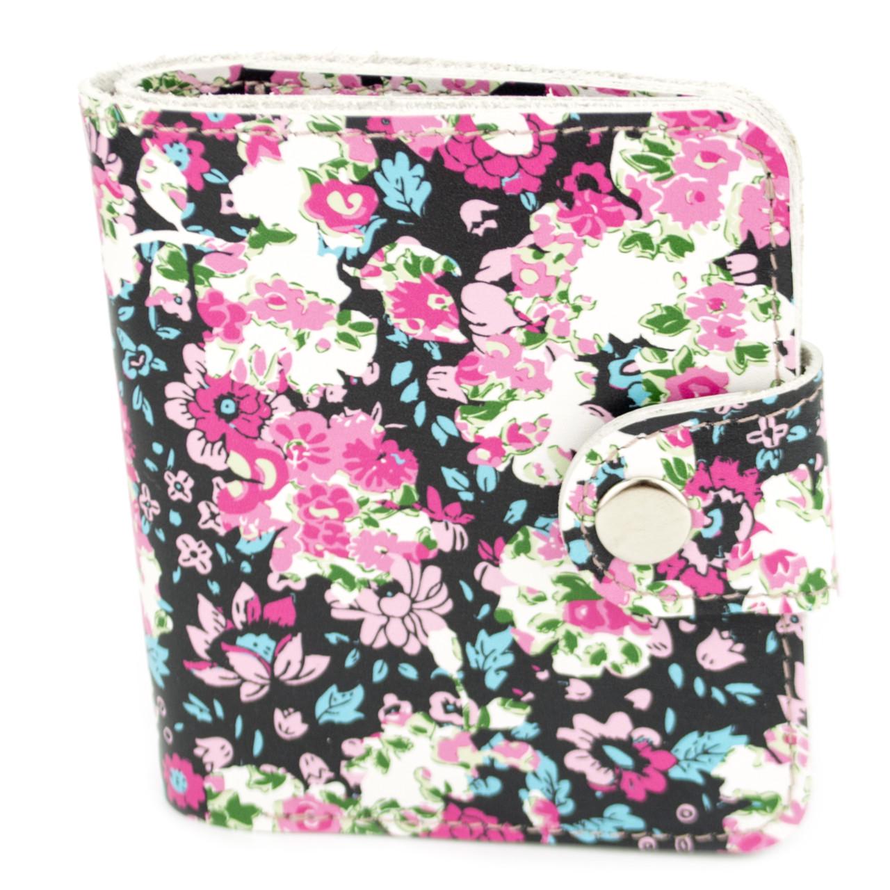 Женский кожаный мини-кошелек София в цветок на кнопке Черный