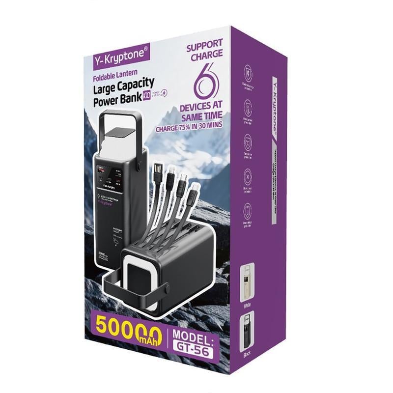 Повербанк Y-Kryptone GT-56 LED LAMP 50000 mAh QC3.0 22,5W Super Fast Charge Black (YK-GT56-B)