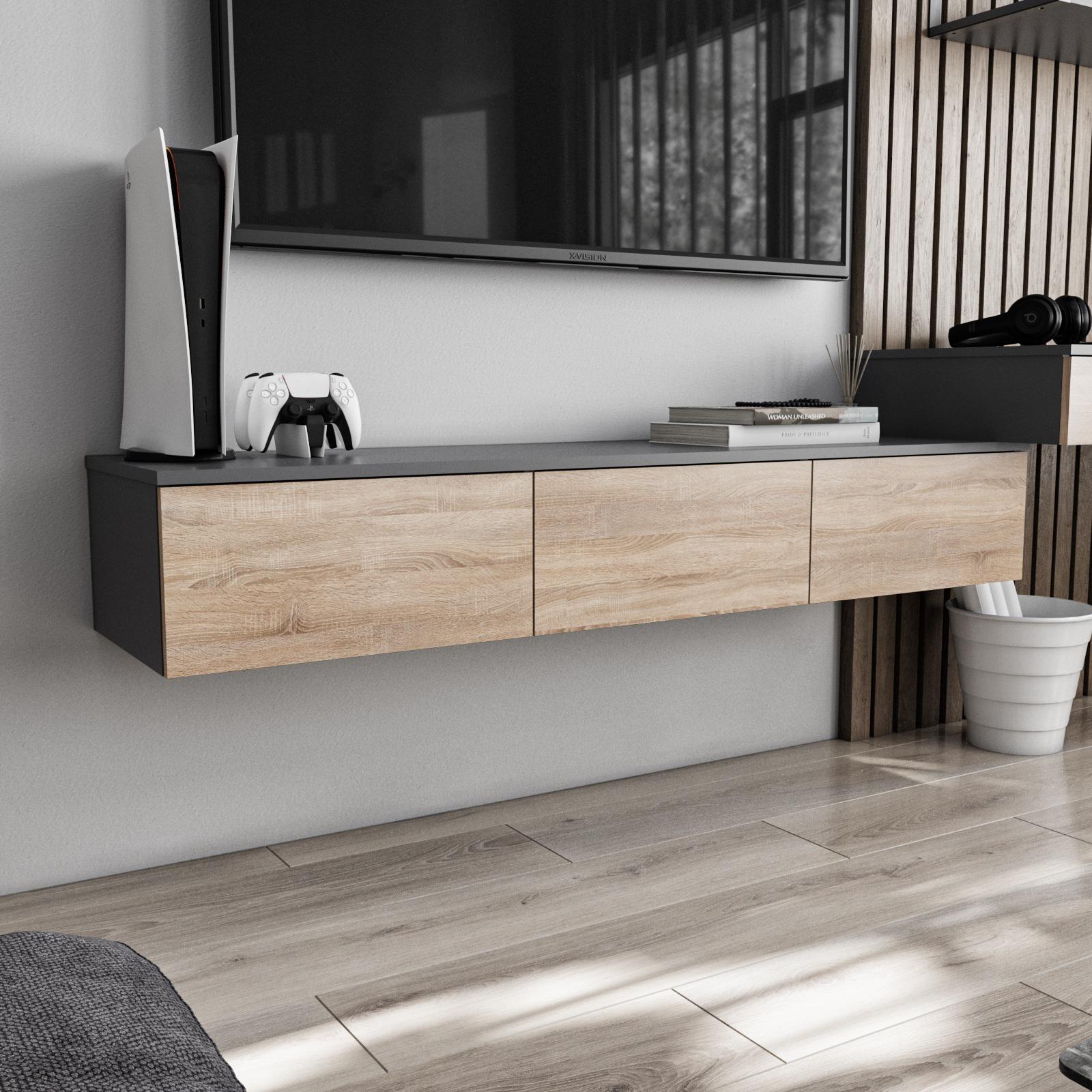 Тумба под телевизор подвесная 1500x242x360 мм Антрацитовий/Дуб сонома (mt-221-an-sn)
