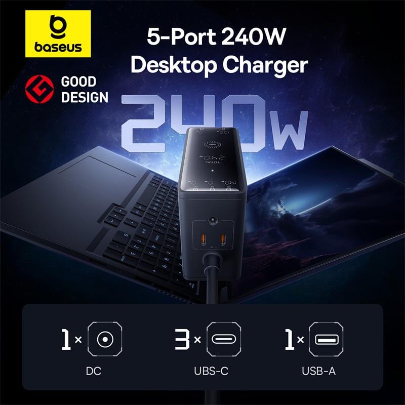 Зарядний пристрій для кабелю BASEUS Baseus Digital GaN Intelligent Desktop Fast Charger 3C+U+DC 240W EU Cluster Black (P10163901113-00) - фото 11 Зарядний пристрій для кабелю BASEUS Baseus Digital GaN Intelligent Desktop Fast Charger 3C+U+DC 240W EU Cluster Black (P10163901113-00) - фото 11