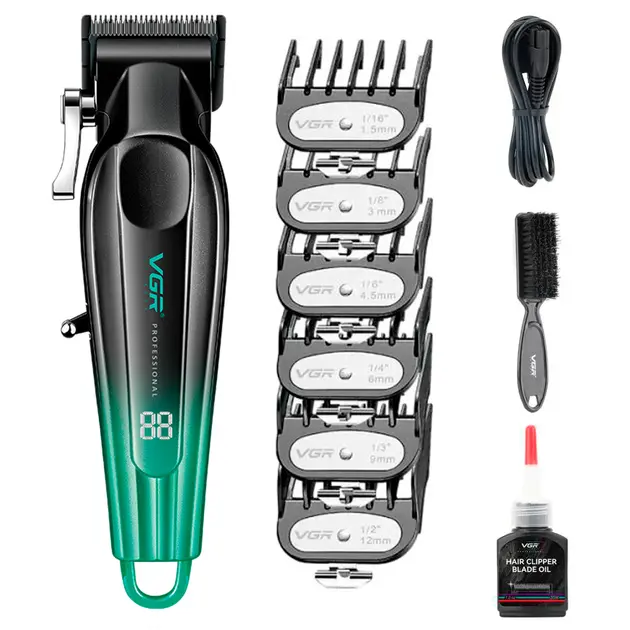Машинка для стрижки аккумуляторная VGR V-662 GREEN 7000 RPM 6 насадок LED дисплей