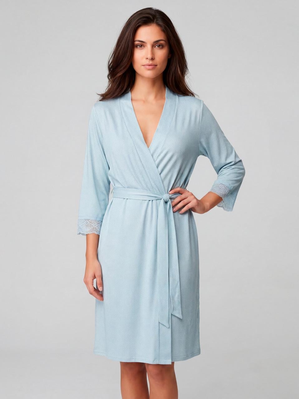 Халат жіночий Roksana бавовняний на запах із поясом і мереживними рукавами 5XL Блакитний (1563/16328)