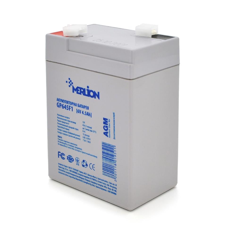 Батарея акумуляторна MERLION AGM GP645F1 6 V 4,5 Ah 70x47x100 105 Q20/2400 White (1951)