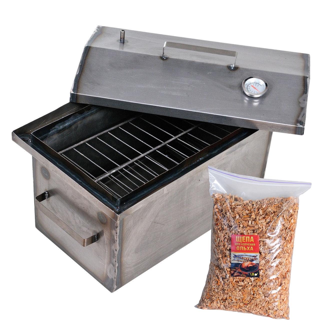 Коптильня горячего копчения 1 мм 520х310х260 мм с термометром и щепками