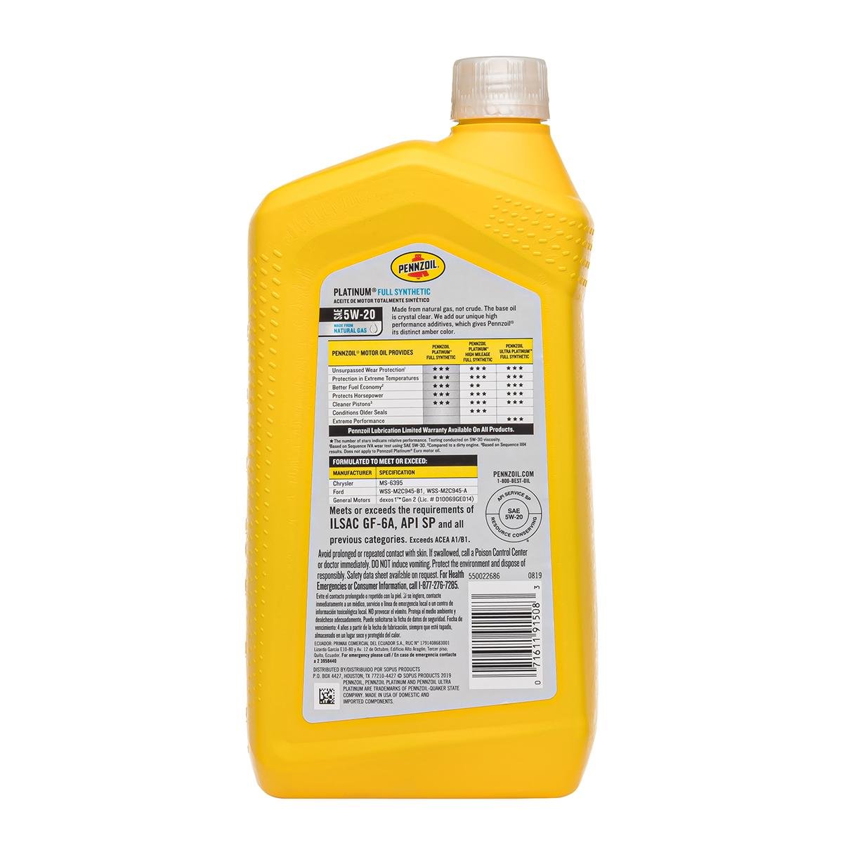 Масло моторное Pennzoil Platinum Advanced Full Synthetic Motor Oil 5W-20 0,946 мл (550022686) - фото 2