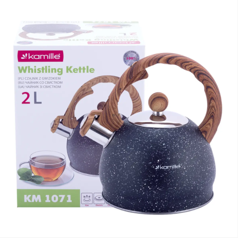 Чайник Kamille KM-1071 из нержавеющей стали со свистком и бакелитовой ручкой для индукции и газа 2 л (NA002371)