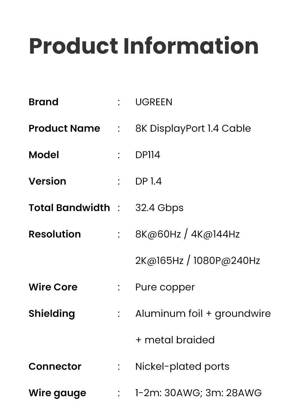 Кабель UGREEN DisplayPort 1.4 8K 60Hz 4K 144Hz 2K 165Hz 1080p 240Hz 32.4 Гбіт/с DP Dynamic HDR G-Sync Free Sync 3D 1,5 м Чорний (80391) - фото 9
