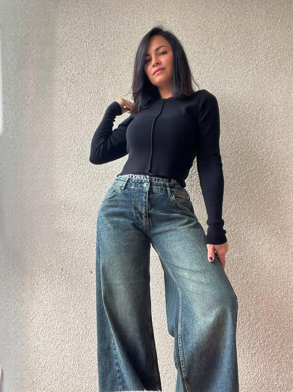 Джинсы женские I8 55526 Palazzo широкие резинка на талии с надписью палаццо косой шов р. 38 Синий с зеленым (2716) - фото 6 Джинсы женские I8 55526 Palazzo широкие резинка на талии с надписью палаццо косой шов р. 38 Синий с зеленым (2716) - фото 6