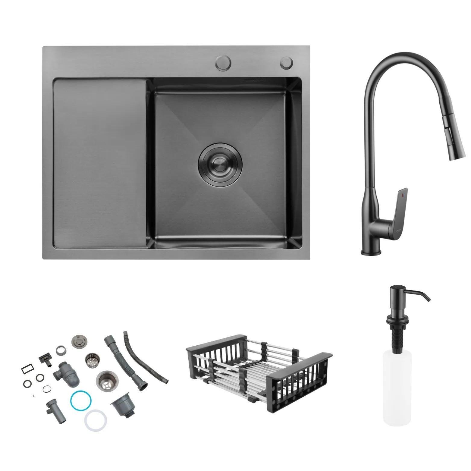 Мойка кухонная Lidz H6350BR PVD 3,0/1,0 мм Brush/смеситель с выдвижным изливом Kroner Graz-GRP030-T