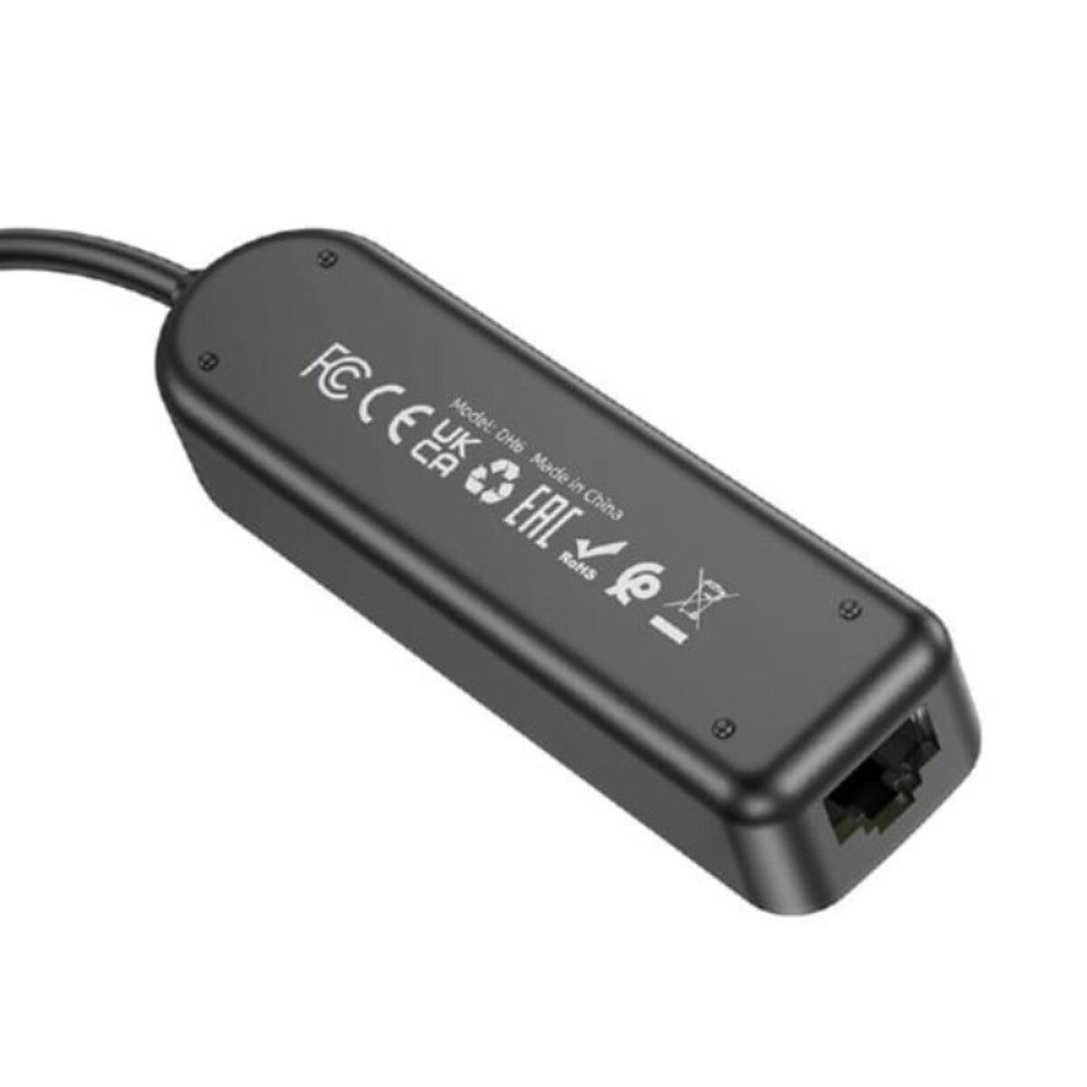 Адаптер Borofone DH6 HUB Erudite 4в1 Gigabit Ethernet Type-C to USB2.0 L 20 см Black (602988) - фото 2