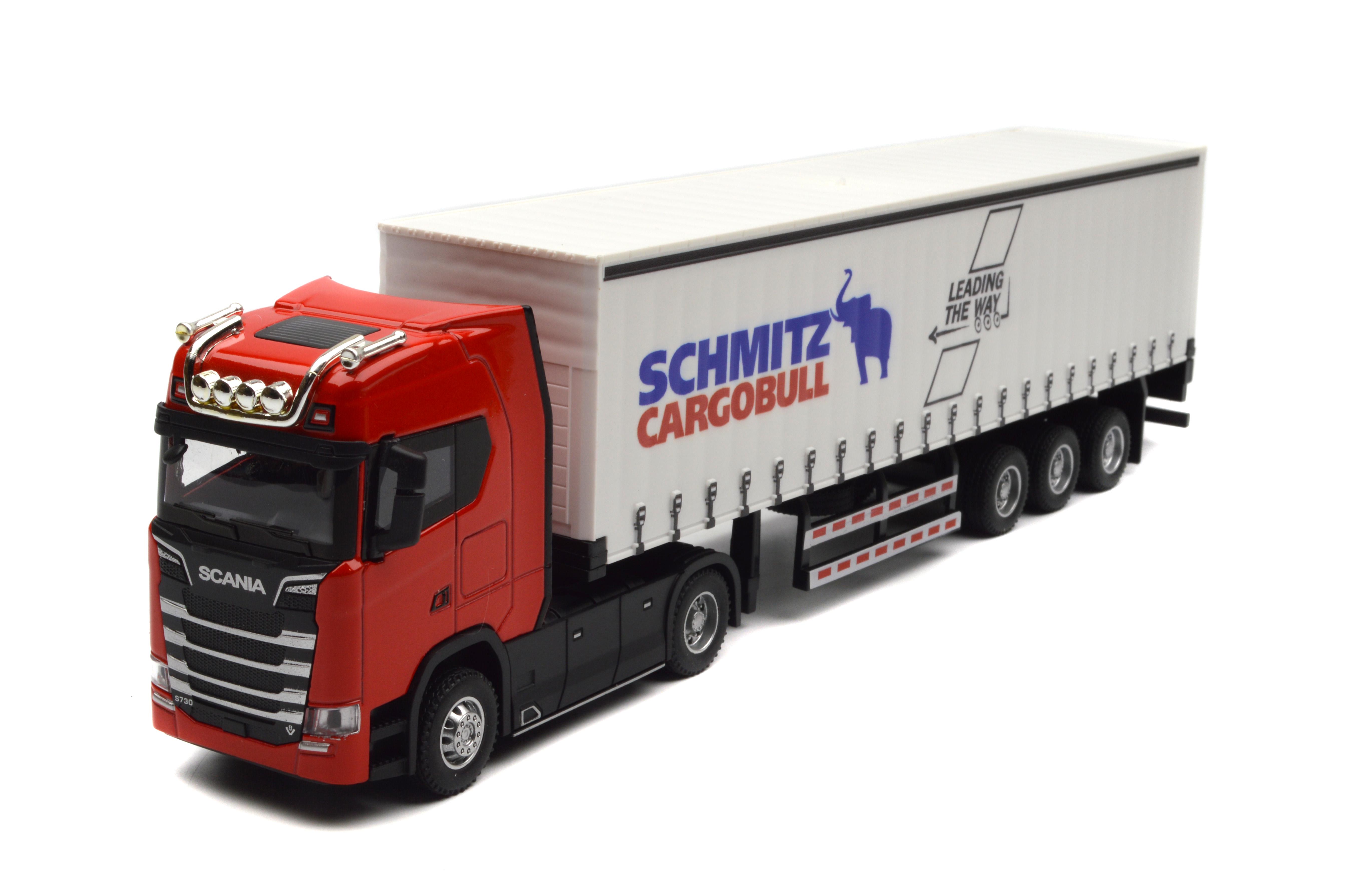 Масштабная модель тягача Scania с прицепом Schmitz Cargobull металлический свет/звук/инерция (JG2628R)