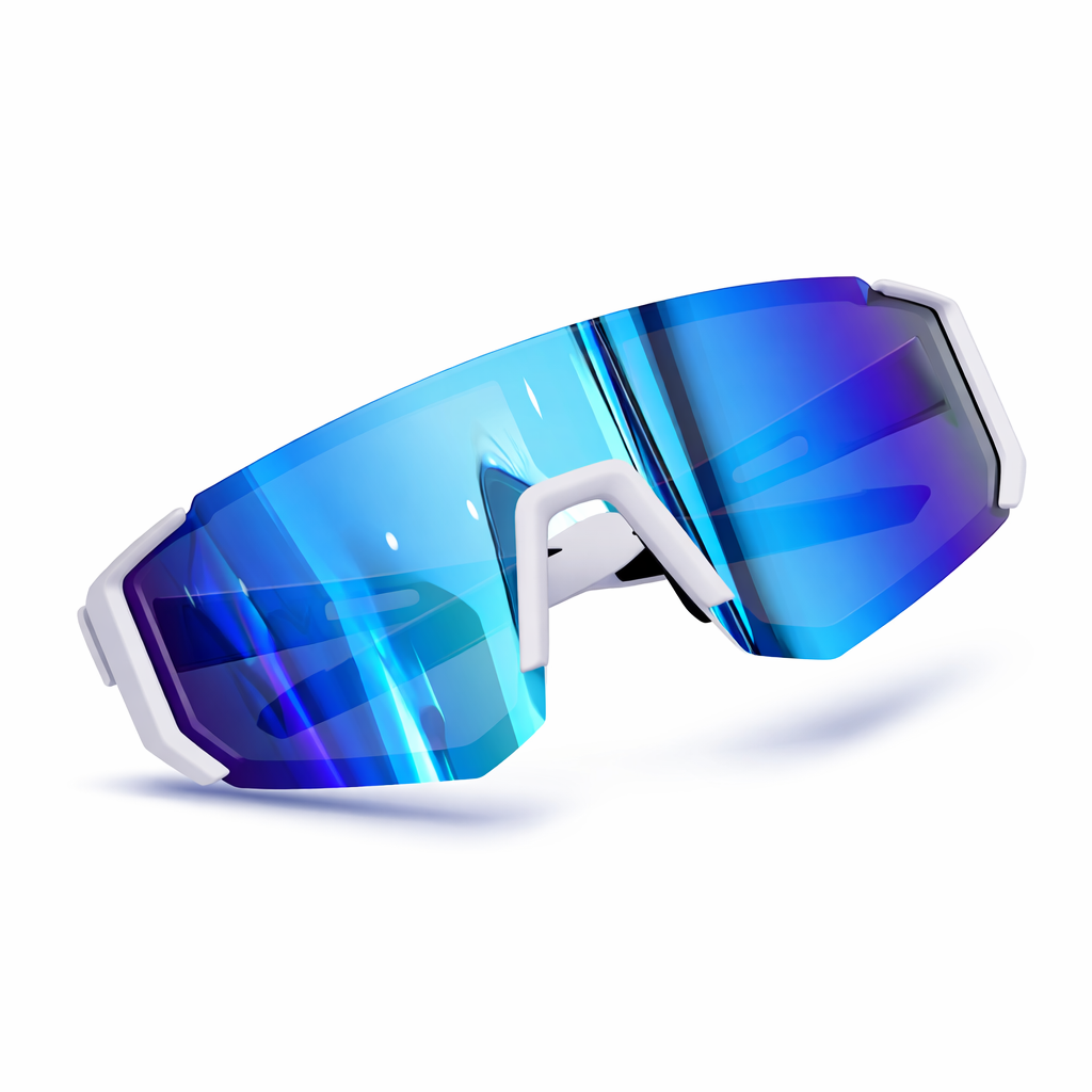 Солнцезащитные очки с панорамной линзой и зеркальным покрытием.