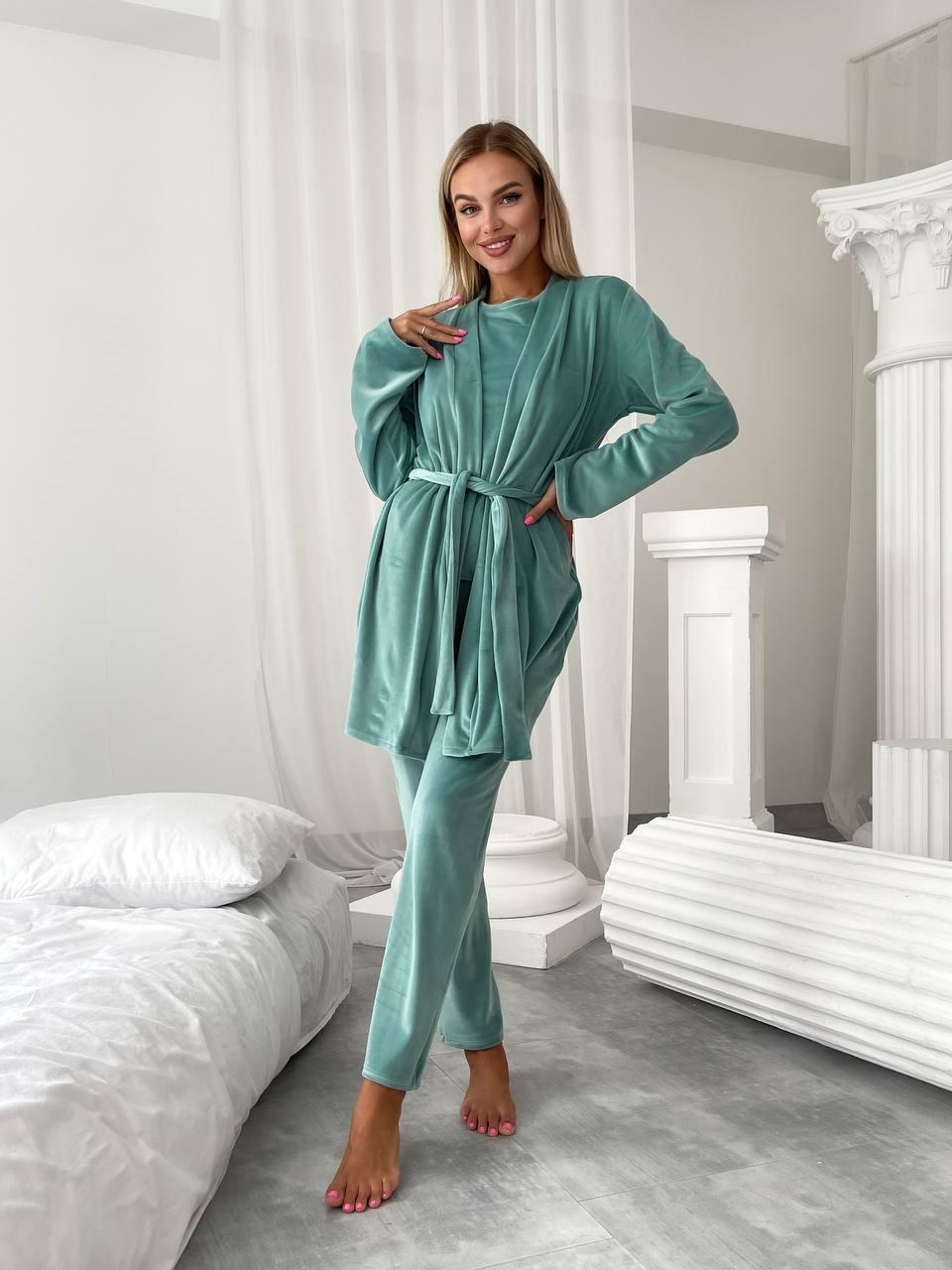 Пижама женская велюровая 1545а тройка р. 42/44 Бирюзовый (20866418) - фото 4 Пижама женская велюровая 1545а тройка р. 42/44 Бирюзовый (20866418) - фото 4