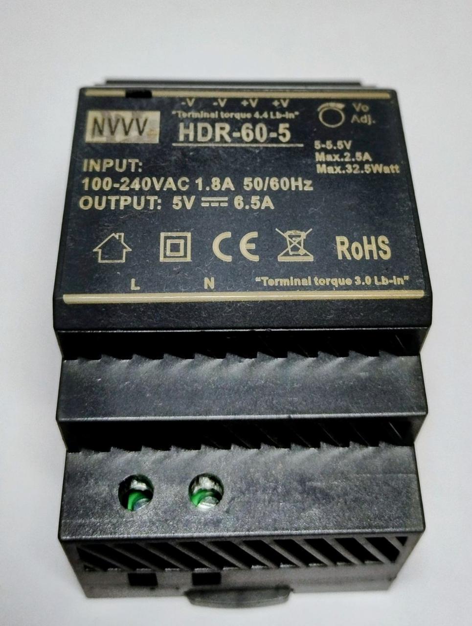 Блок питания на DIN-рейке HDR-60-5 32.5W/5V (3482)