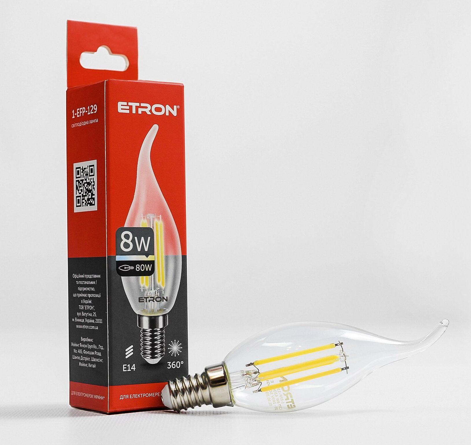 Світлодіодна лампа філаментна ETRON Filament С37 tailed E14 8W 3000K Прозорий (13726) - фото 1