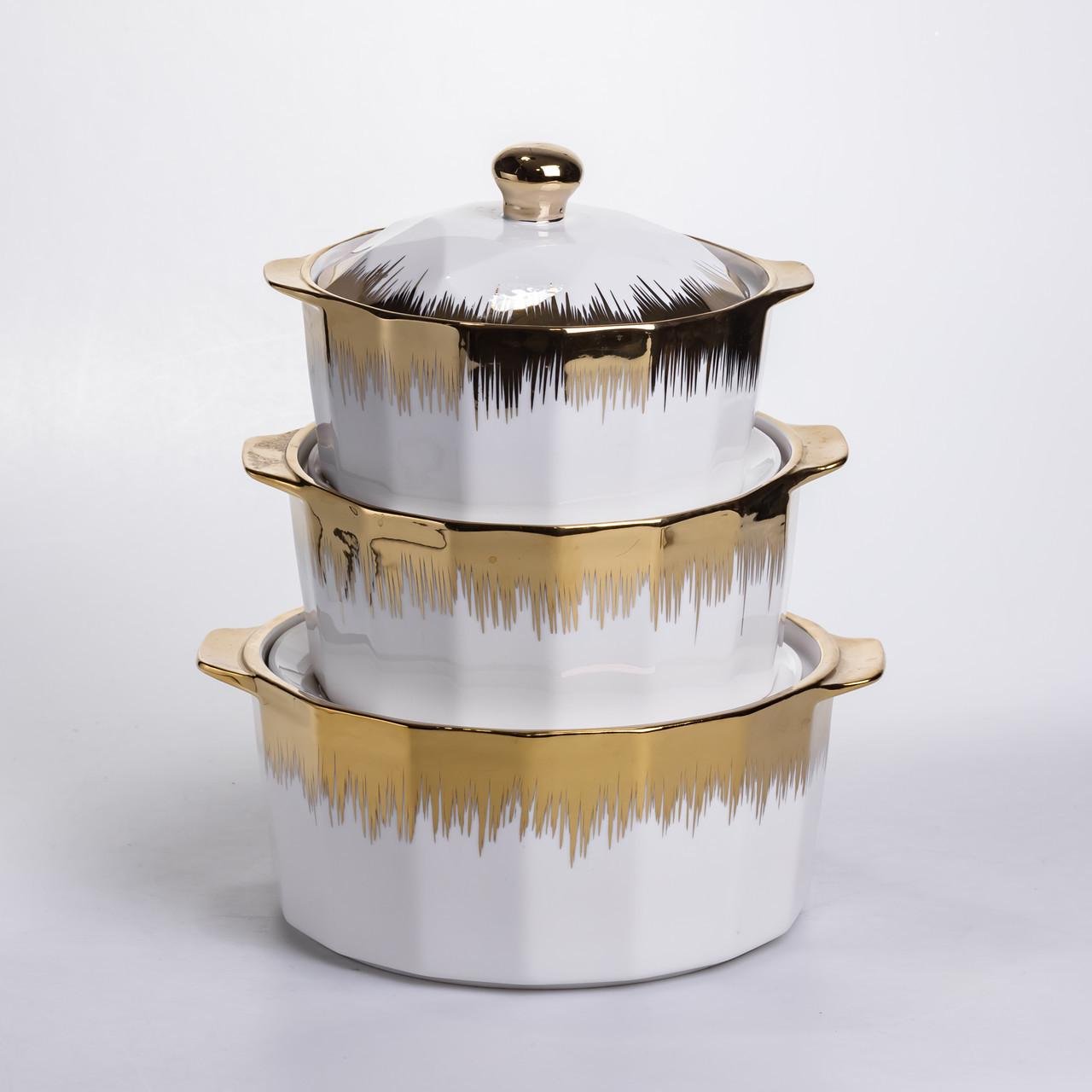 Набор супниц фарфоровых с крышкой и ручками для дома и ресторана с позолотой 3 шт. 1,5/2/3 л