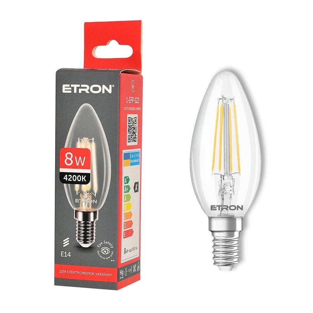 LED-лампа філаментна ETRON прозора C37 E14 8W 4200K Нейтральний білий (1-EFP-122)