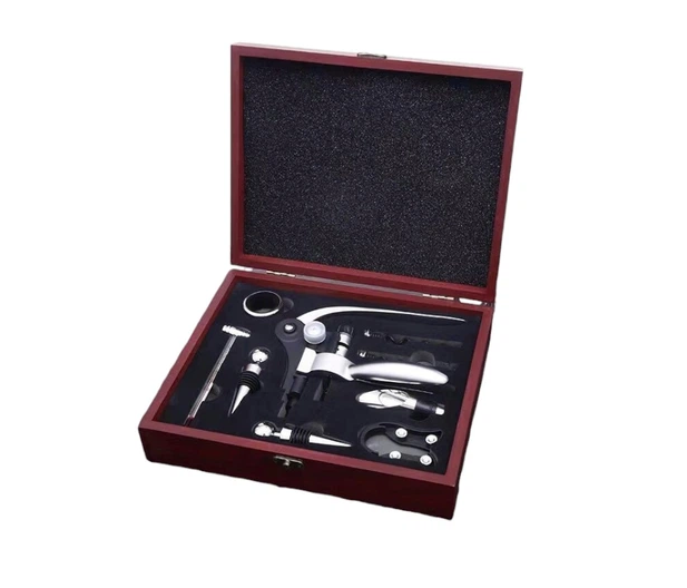 Штопор и профессиональные аксессуары 9в1 в деревянном кейсе (00386)