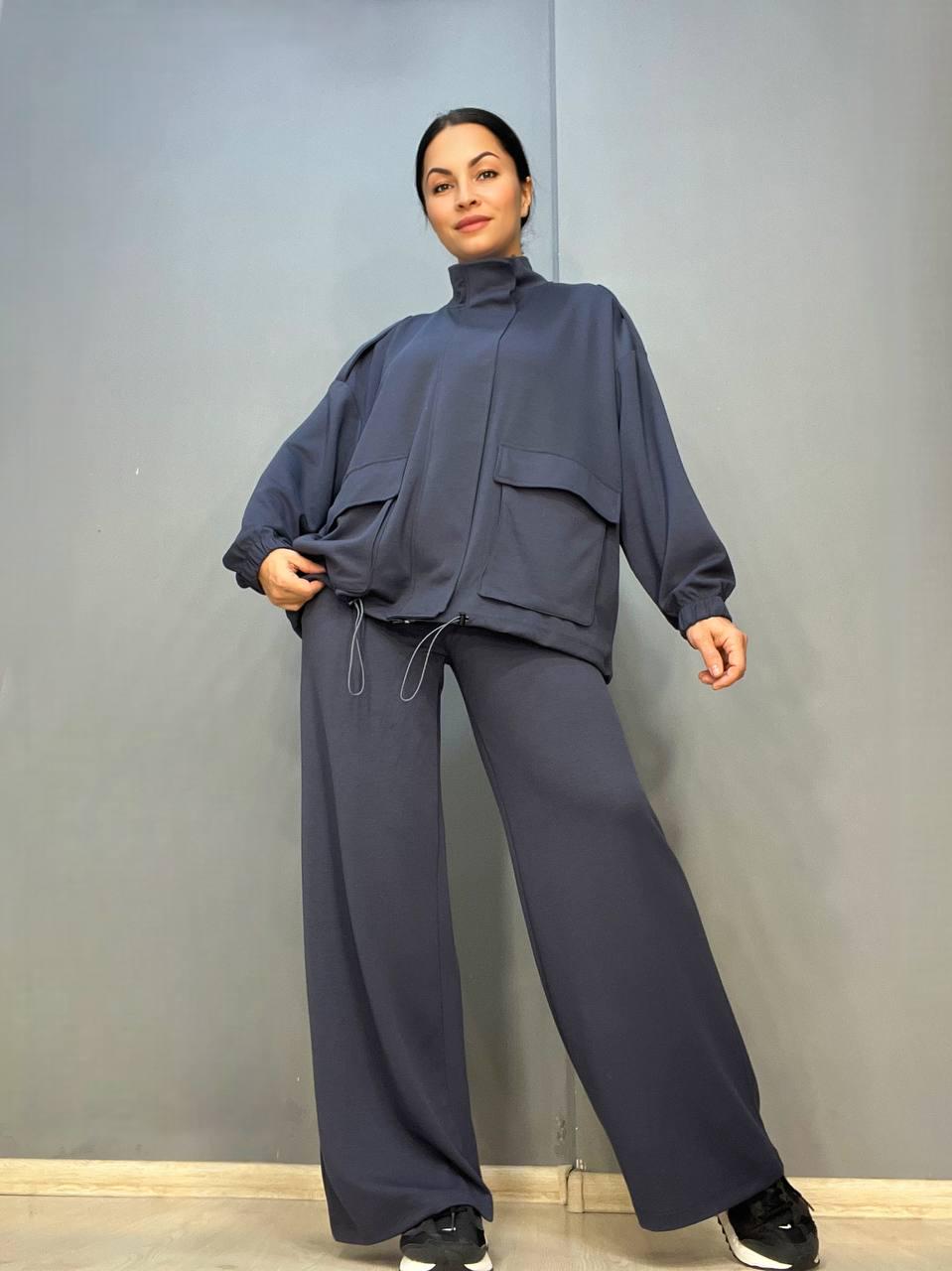 Костюм жіночий CREP 99231 тканина біфлекс кардиган та брюки палаццо S Графітовий (1463)