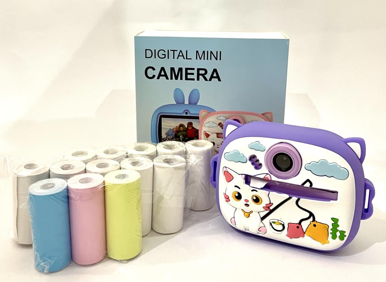 Набор фото и принтер 2 камеры с кошечкой и 10 рулонов бумаги Сиреневый