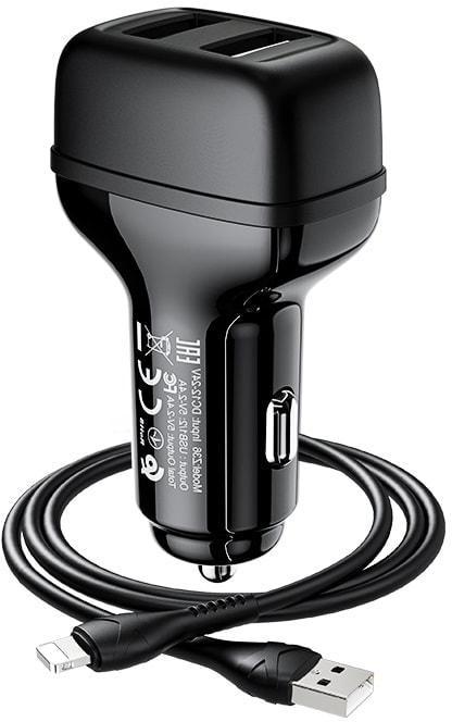 Пристрій зарядний автомобільний Hoco Z36 2 USB кабель Lightning 2,4A (33683)