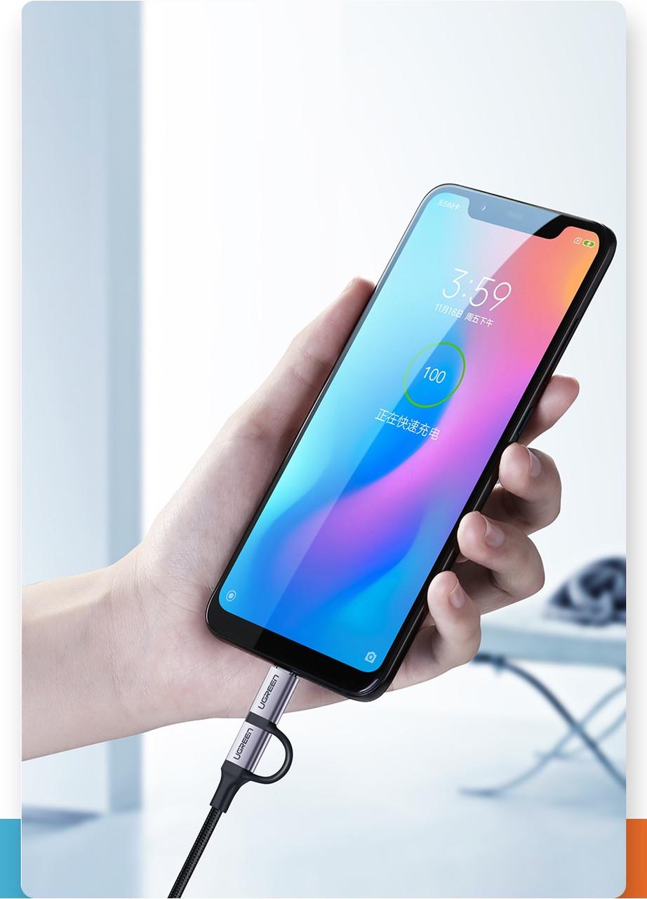 Кабель зарядный Ugreen Micro USB 2,4 A + Type-C 3 A с алюминиевым корпусом 1 м Black (US177) - фото 3