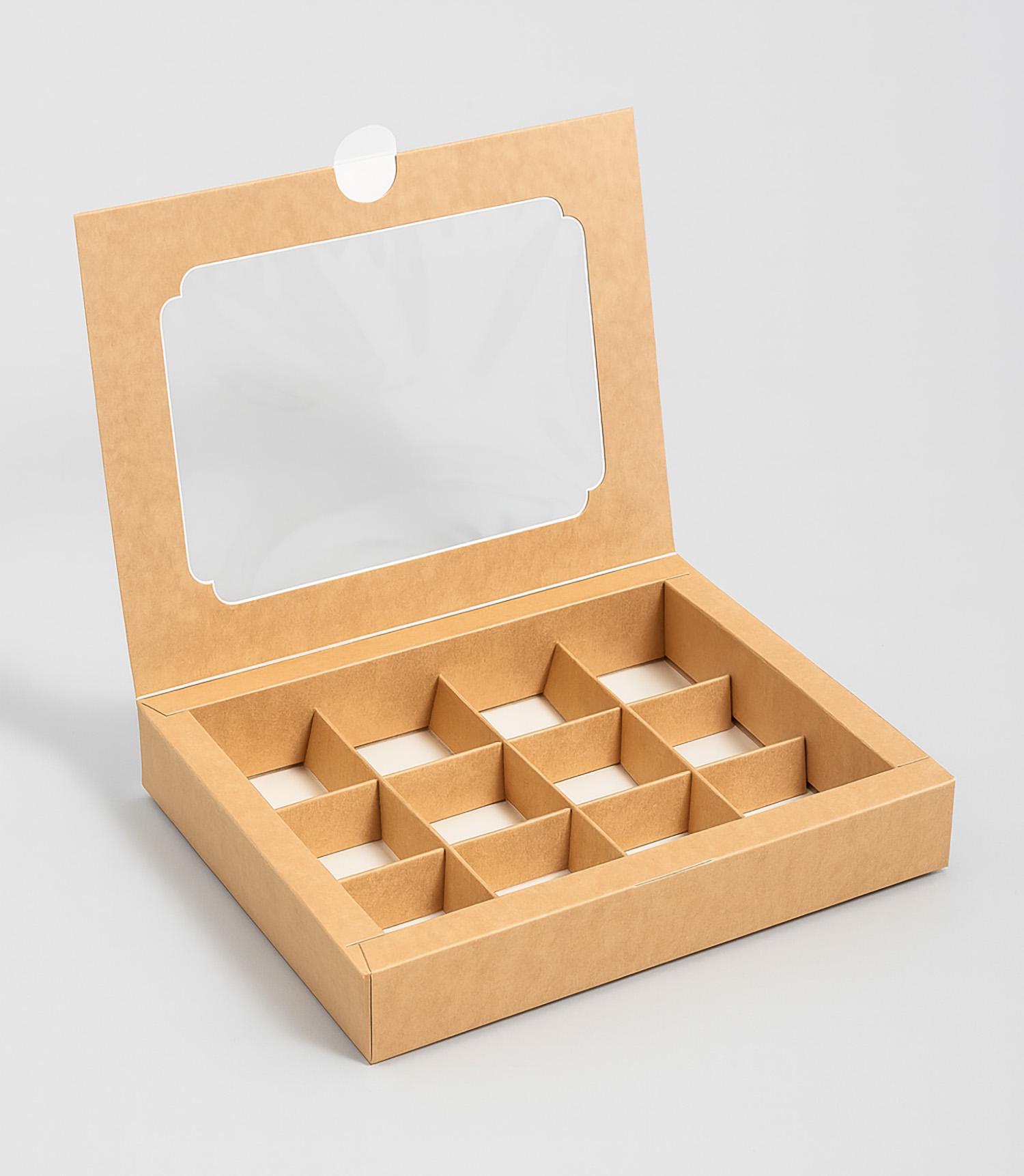 Коробка для 12 конфет/зефира/макаронса или тарталеток 200x156x30 мм Крафт с прозрачным (29425506)