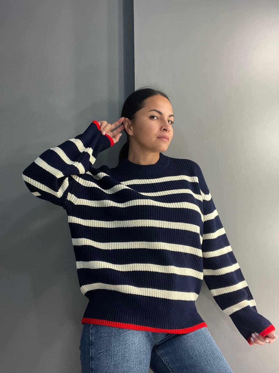 Светр жіночий MIX RAY 6635 смужка подовжений вільний крій OS Темно-синій (1042) - фото 3 Светр жіночий MIX RAY 6635 смужка подовжений вільний крій OS Темно-синій (1042) - фото 3