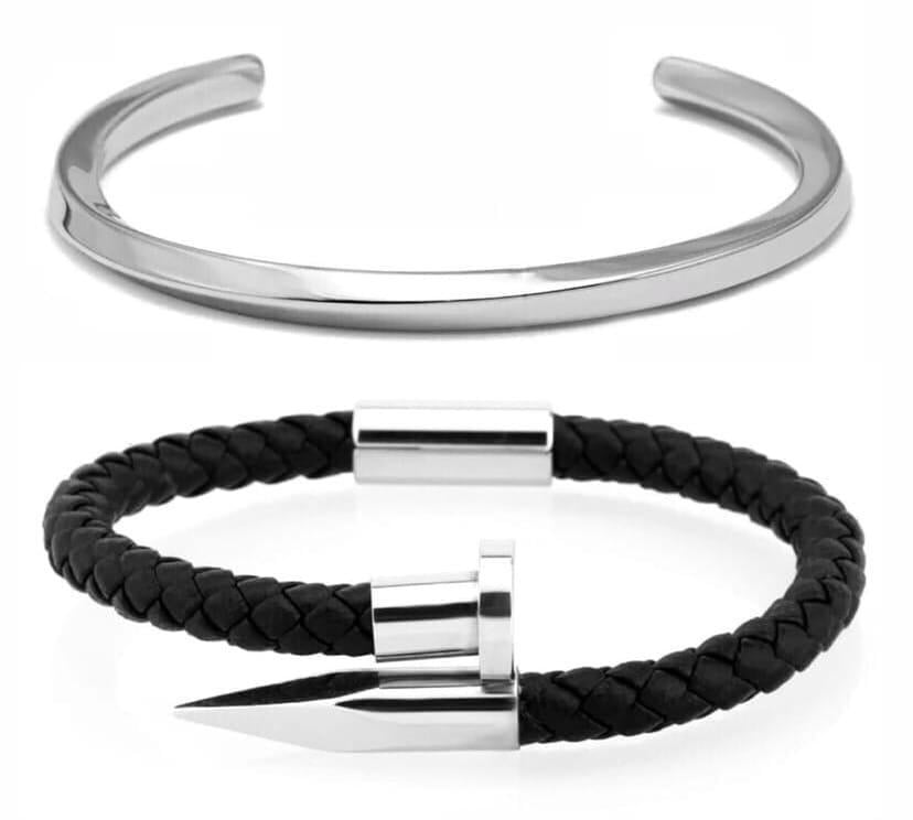 Комплект класичних браслетів зі шкіри та сталі р. 17 (12027)