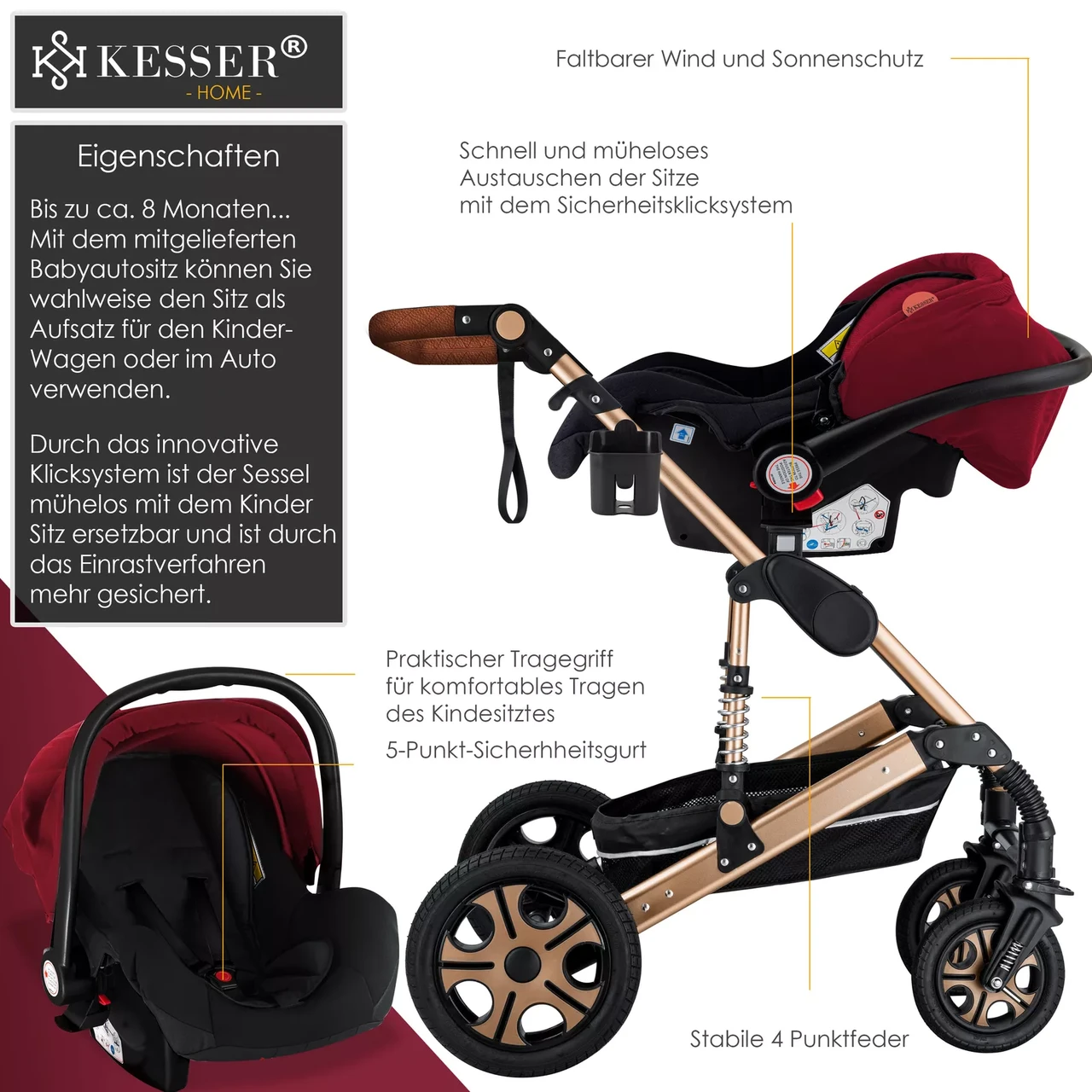 Коляска дитяча з автокріслом KESSER 3в1 94x64x119 см Червоний/Золотий - фото 3