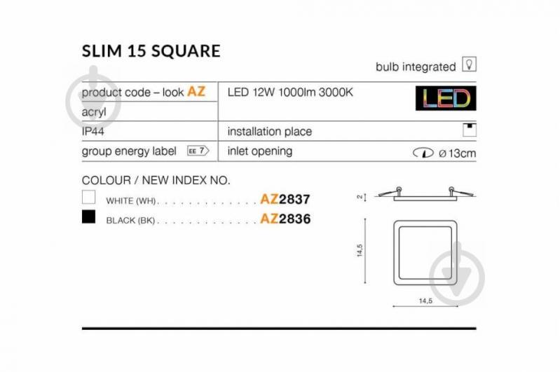 Точковий світильник AZzardo SLIM 15 SQUARE IP44 3000K AZ2836 - фото 2