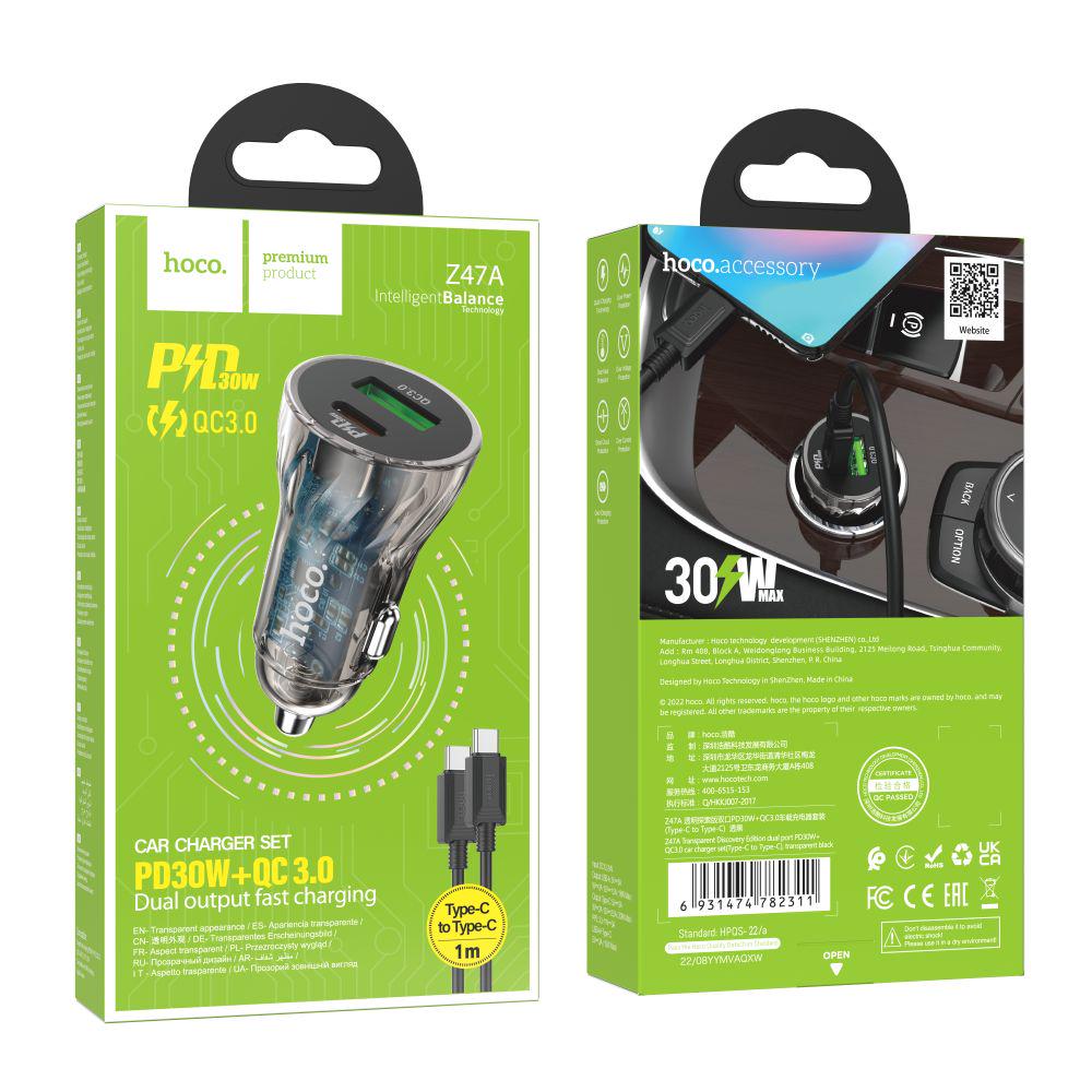 Зарядний пристрій автомобільний Hoco Z47A Transparent PD30W+QC3.0 Type-C to Type-C (29007325) - фото 2 Зарядний пристрій автомобільний Hoco Z47A Transparent PD30W+QC3.0 Type-C to Type-C (29007325) - фото 2