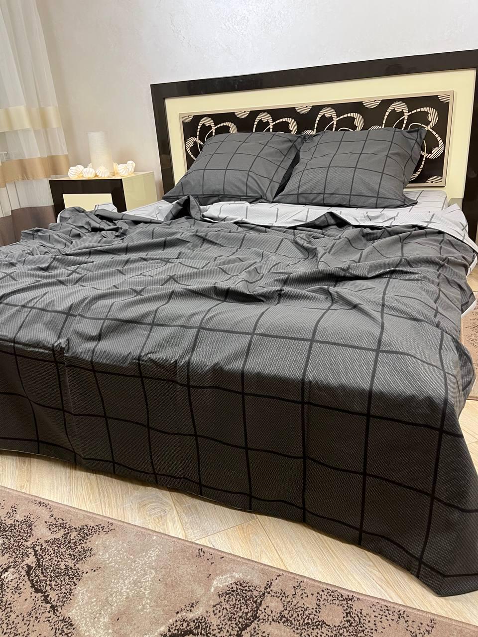 Комплект постільної білизни В клітинку 200х220 см євро бавовняний 70х70 см Сірий