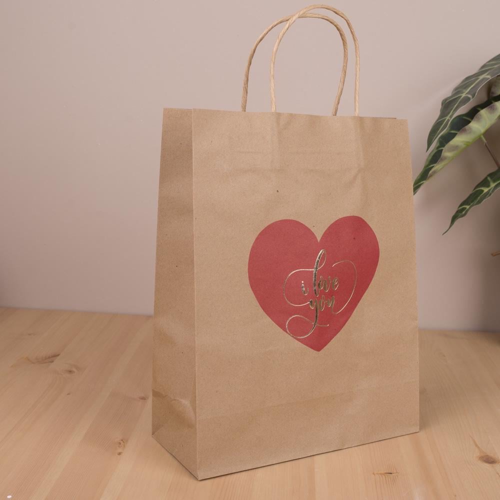 Подарочный пакет крафт С красным сердцем I love you микс 31х25х11 см (1112-5)