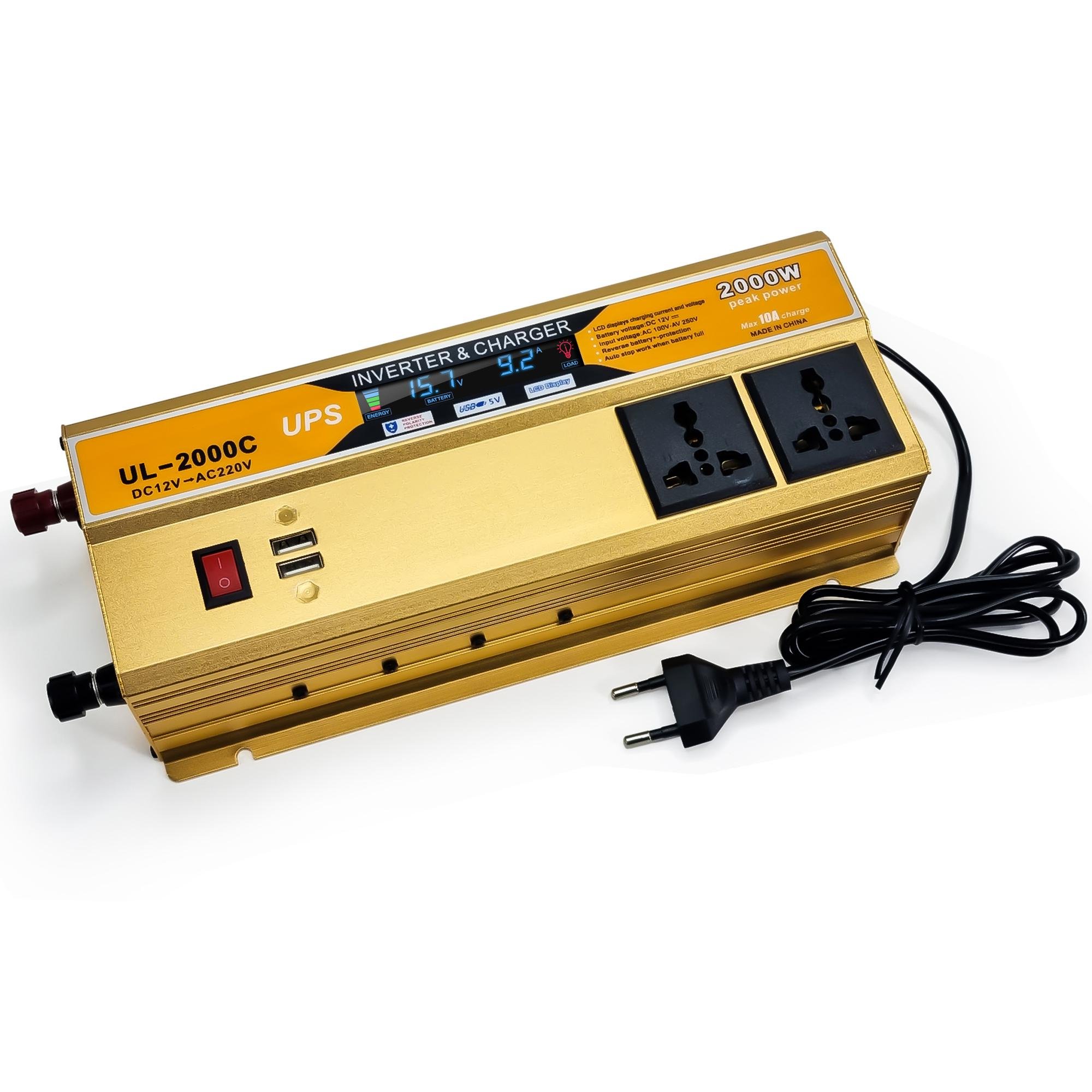 Автомобільний інвертор SCL UL-2000W з зарядним пристроєм та LCD дисплеєм 12-220 VА (12627256)