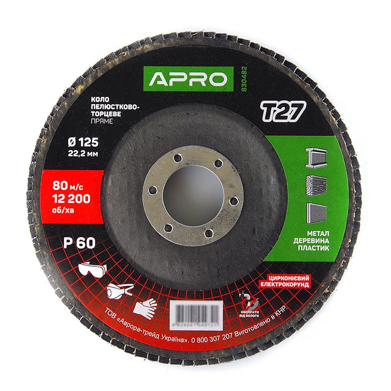 Круг Apro пелюстково-торцевий цирконієвий Р60 прямий Т27 КПТ 125х22,2 мм (830482)