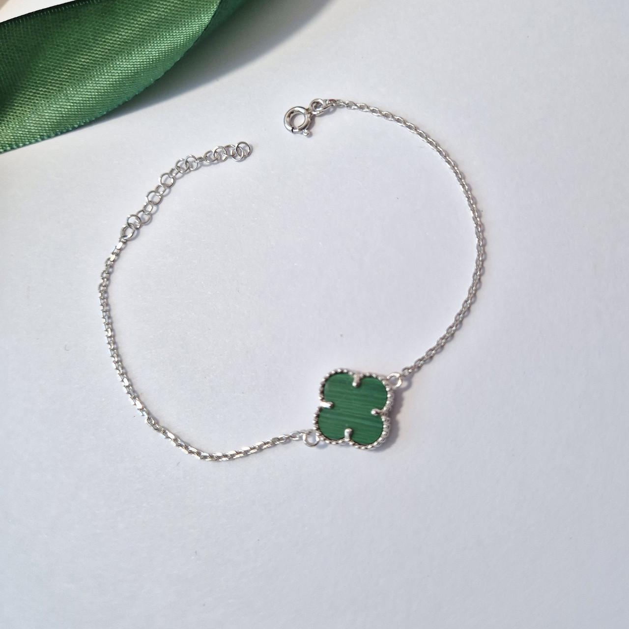 Браслет клевер с малахитом серебро 925 пробы родированное 1,97 г 16,5-19,5 см (vc01s)