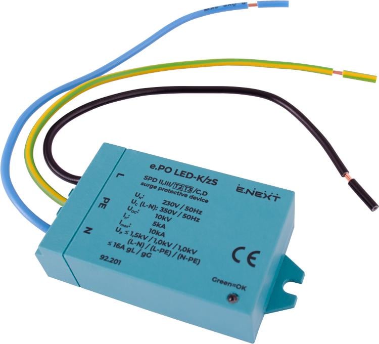Обмежувач перенапруги ПЗІП E.NEXT PO LED-K/zS 1+N-PE 230В 10кВ клас 2+3 для LED освітлення (92.201)