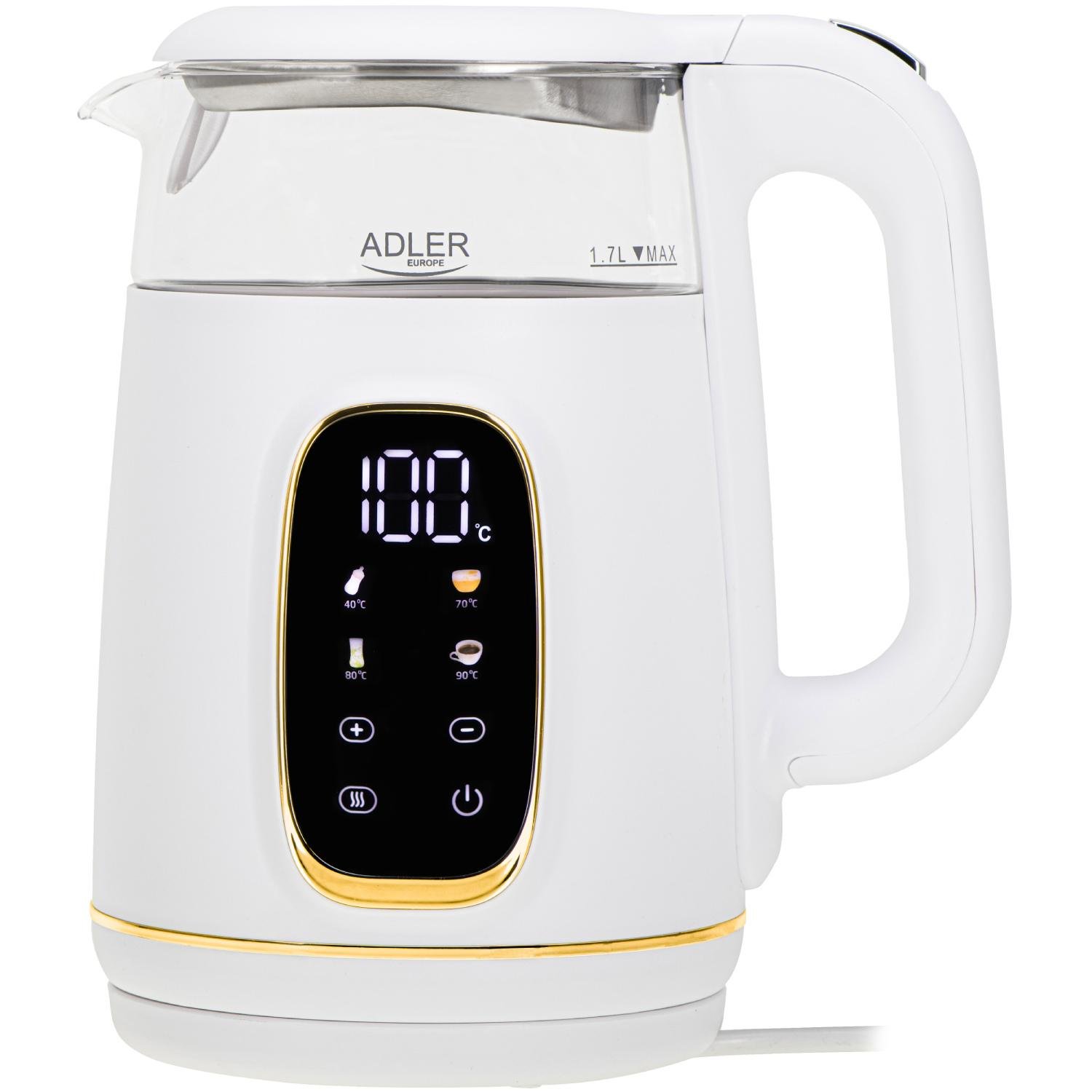Электрочайник Adler AD 1305 стеклянный с установкой температуры 2200 Вт 1,7 л White/Gold (AD1305WG) - фото 1