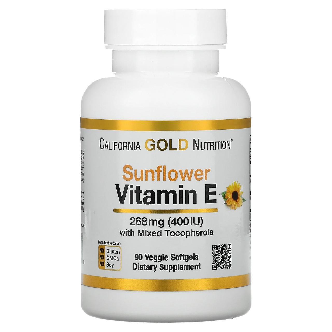 Витамины E California Gold Nutrition из подсолнечника со смешанными токоферолами 400 МЕ 90 мягких таблеток (1579838910)