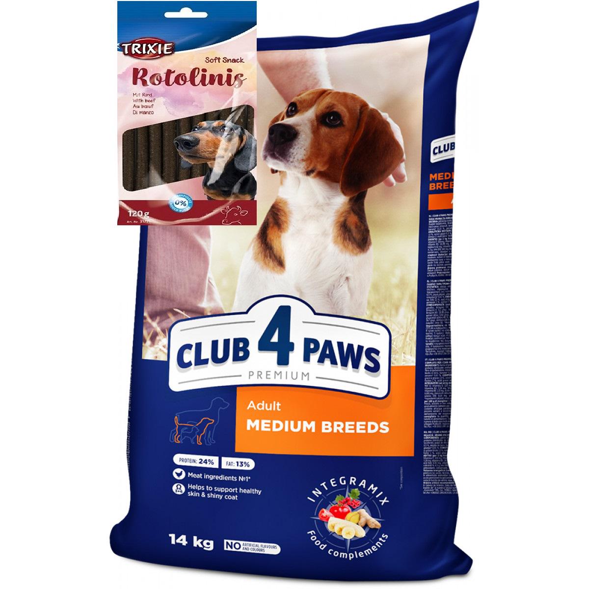 Корм Клуб 4 Лапы Premium для взрослых собак средних пород 14 кг и палочки с говядиной 120 г