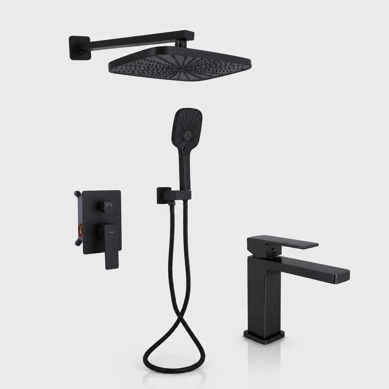Комплект в ванную Q-tap Gemini Matt Black 2в1 Душевая система скрытого монтажа/смеситель для раковины Q-tap Gemini Black Комплект в ванную Q-tap Gemini Matt Black 2в1 Душевая система скрытого монтажа/смеситель для раковины Q-tap Gemini Black