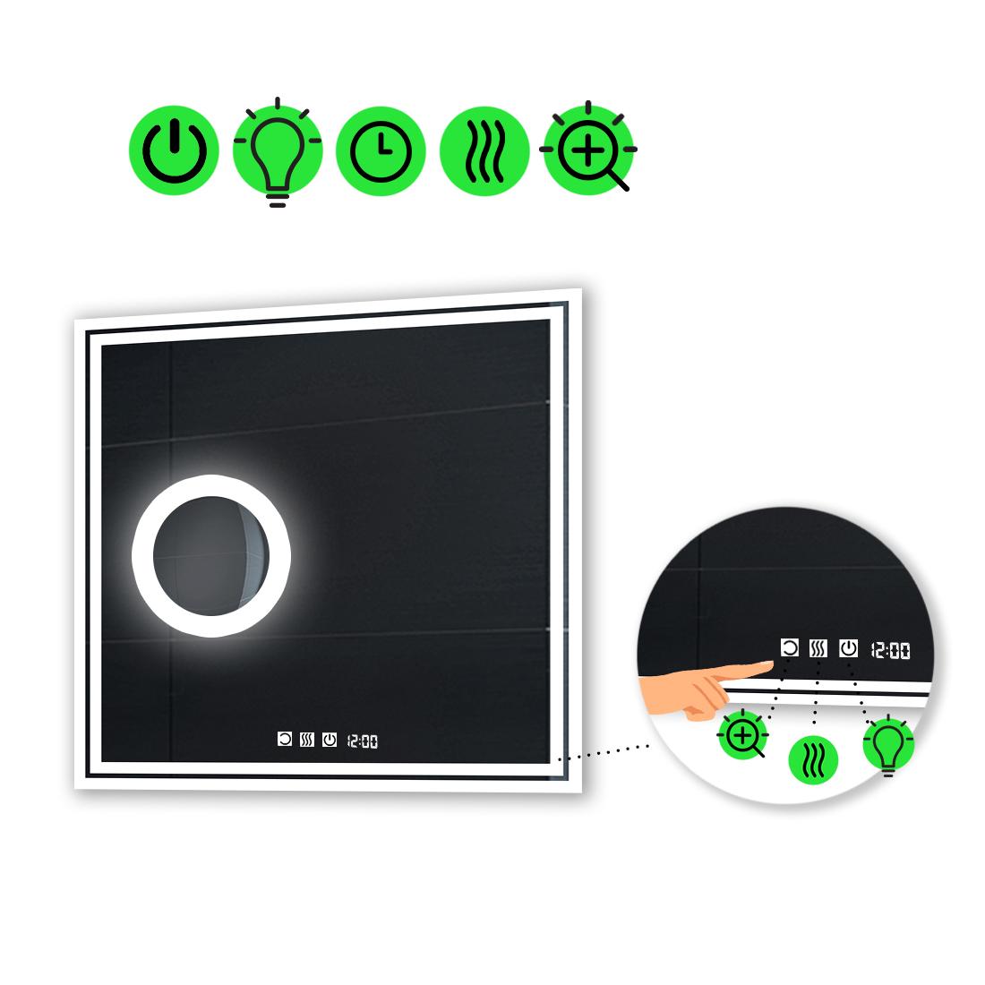 Зеркало с LED подсветкой Marita с тремя сенсорами/часами/подогревом и линзой с подсветкой 60x60 см (Maritak11) Зеркало с LED подсветкой Marita с тремя сенсорами/часами/подогревом и линзой с подсветкой 60x60 см (Maritak11)