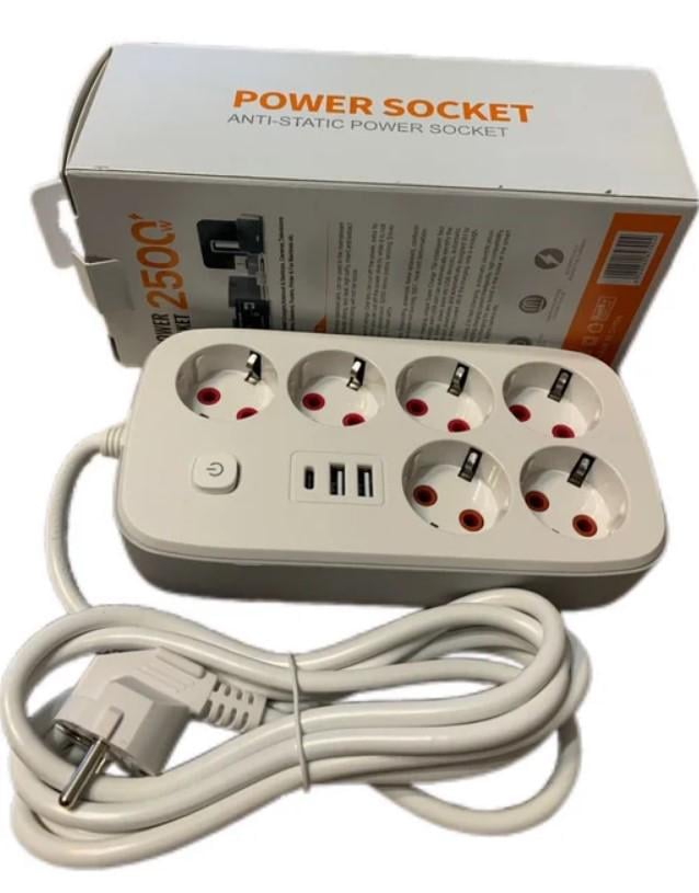 Переноска Power Socket 5 м 6 розеток 3 USB порта 2500W (2104618794) Переноска Power Socket 5 м 6 розеток 3 USB порта 2500W (2104618794)