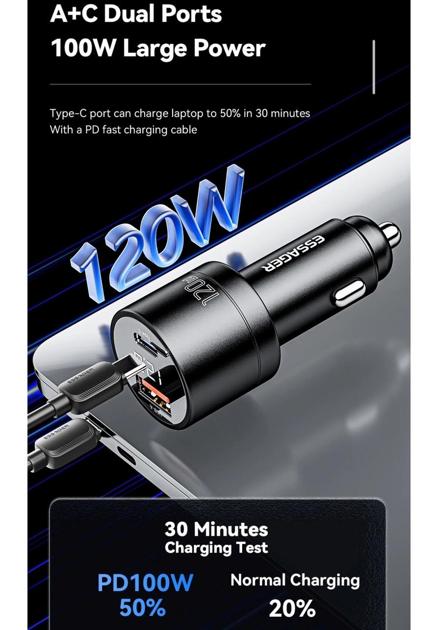 Зарядний пристрій автомобільний Essager 120W LED Type-C 100w/USB 20w Metall (25397283) - фото 5 Зарядний пристрій автомобільний Essager 120W LED Type-C 100w/USB 20w Metall (25397283) - фото 5