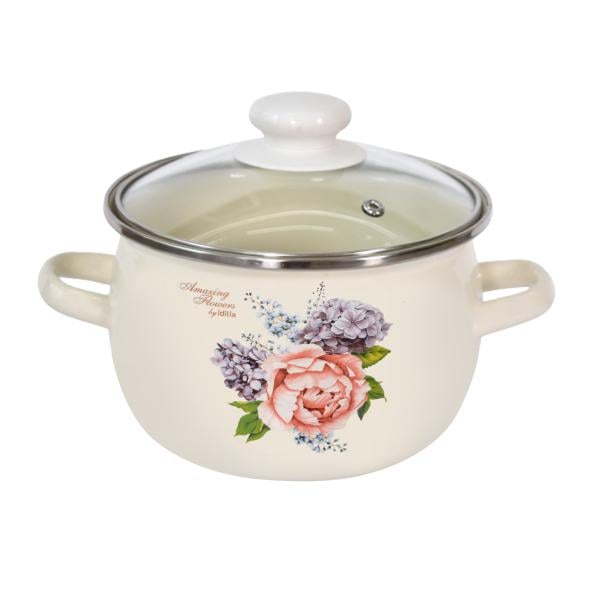 Кастрюля эмалированная Пион с нержавеющей ободком и стеклянной крышкой 3,5 л (10553185)