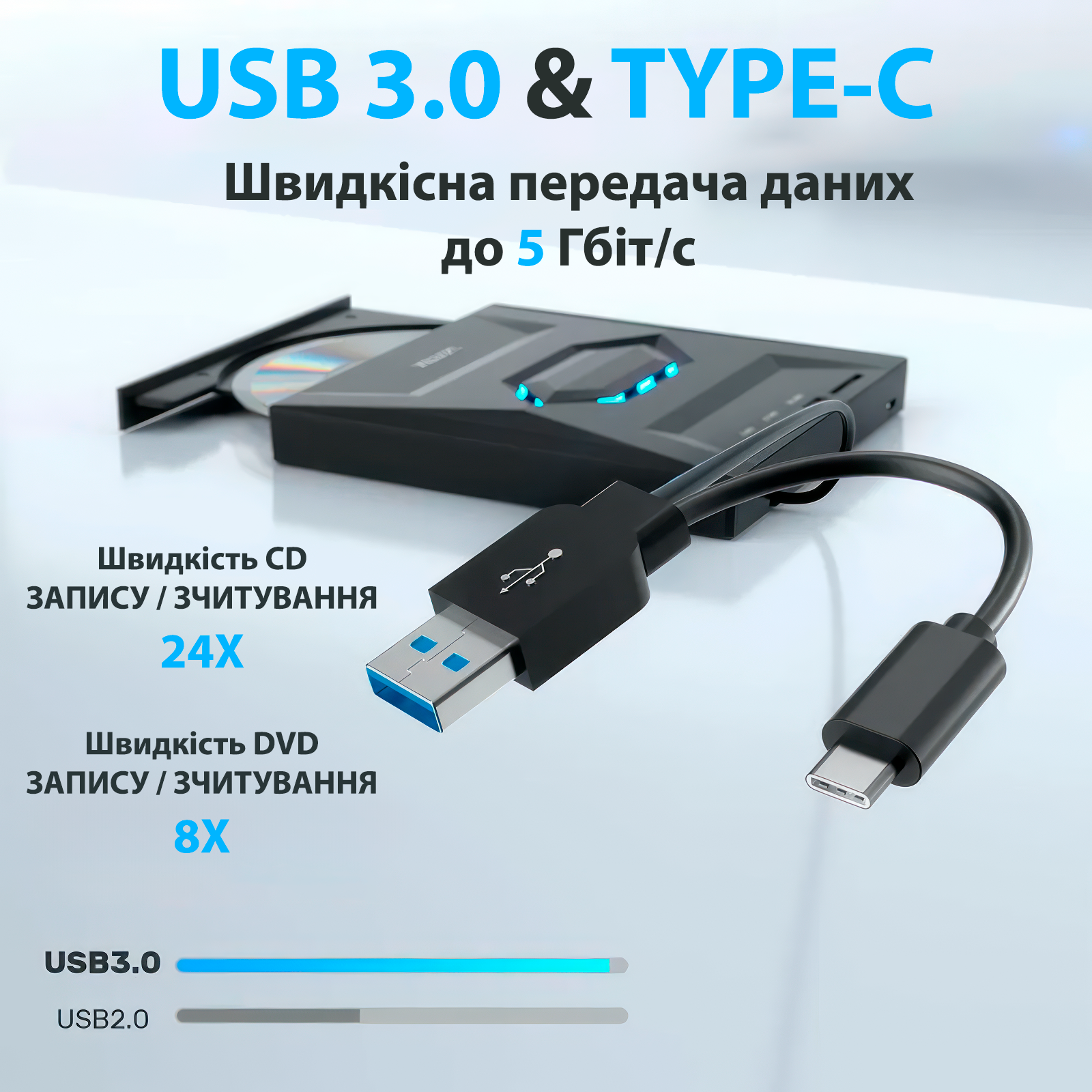 Привод DVD внешний оптический 5в1 с интерфейсом Type-C и USB 3.0 Черный (2120) - фото 3