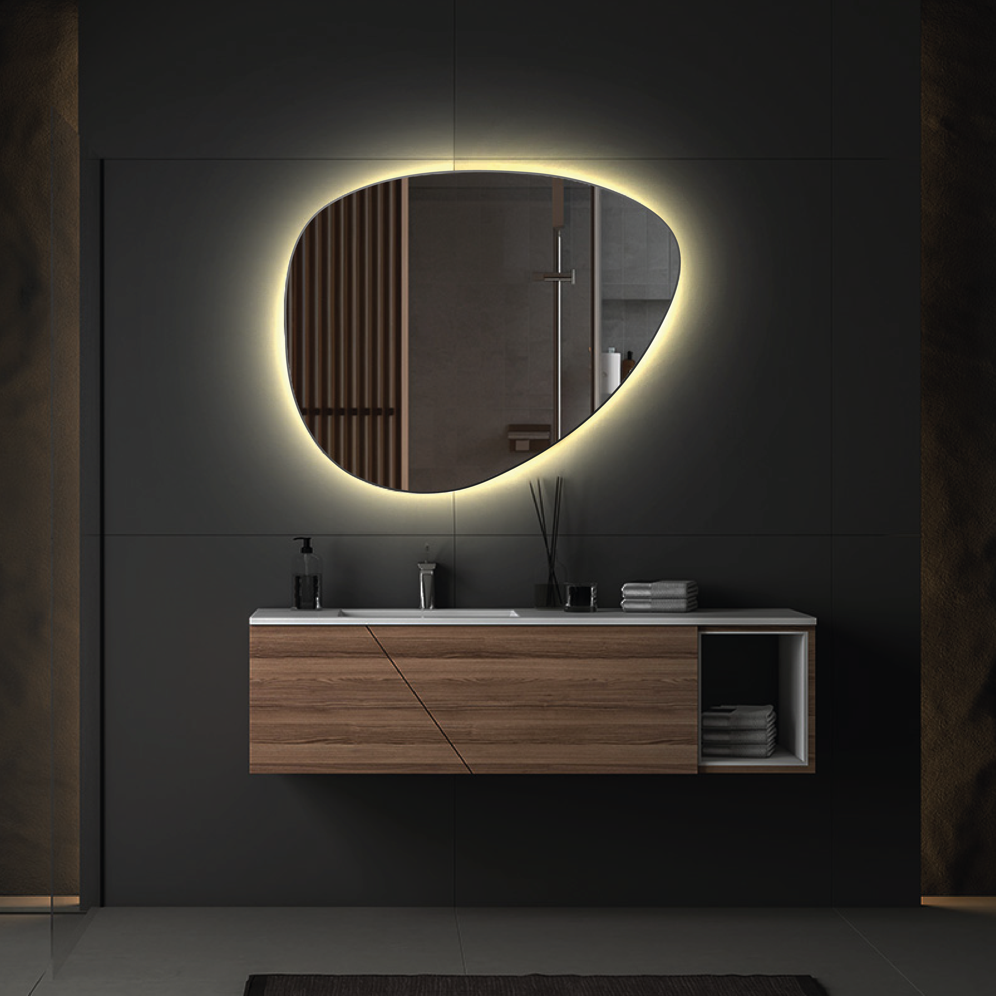 Зеркало в ванную комнату OtragenieUA c подсветкой led асимметрическое 800х800 мм (L63) Зеркало в ванную комнату OtragenieUA c подсветкой led асимметрическое 800х800 мм (L63)